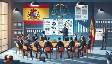 Un'illustrazione di un incontro di lavoro incentrato sulla conformità legale e fiscale in Spagna