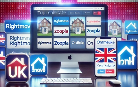 Loghi dei migliori siti web immobiliari del Regno Unito con la bandiera britannica sullo sfondo.